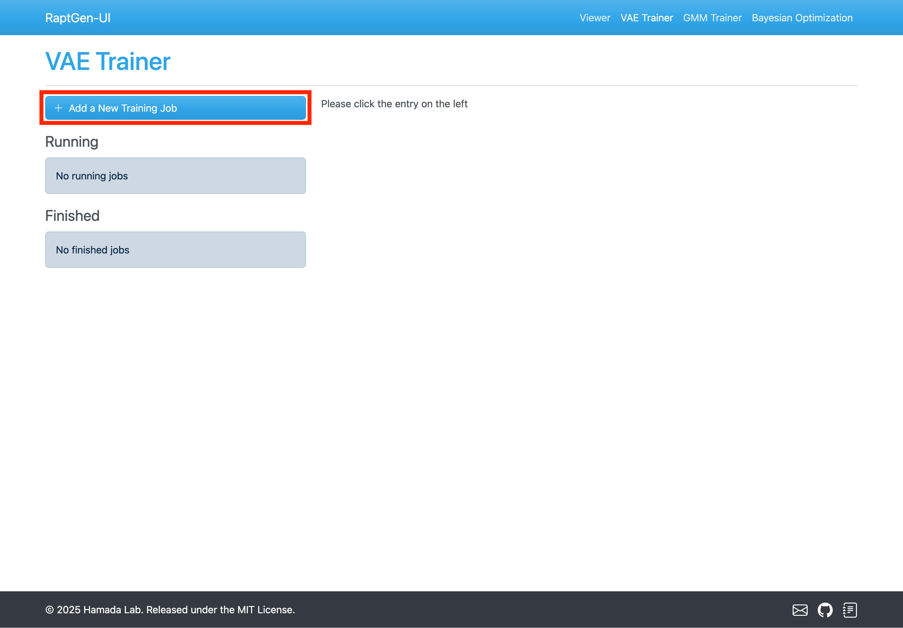 Location of the button for adding training job for VAE