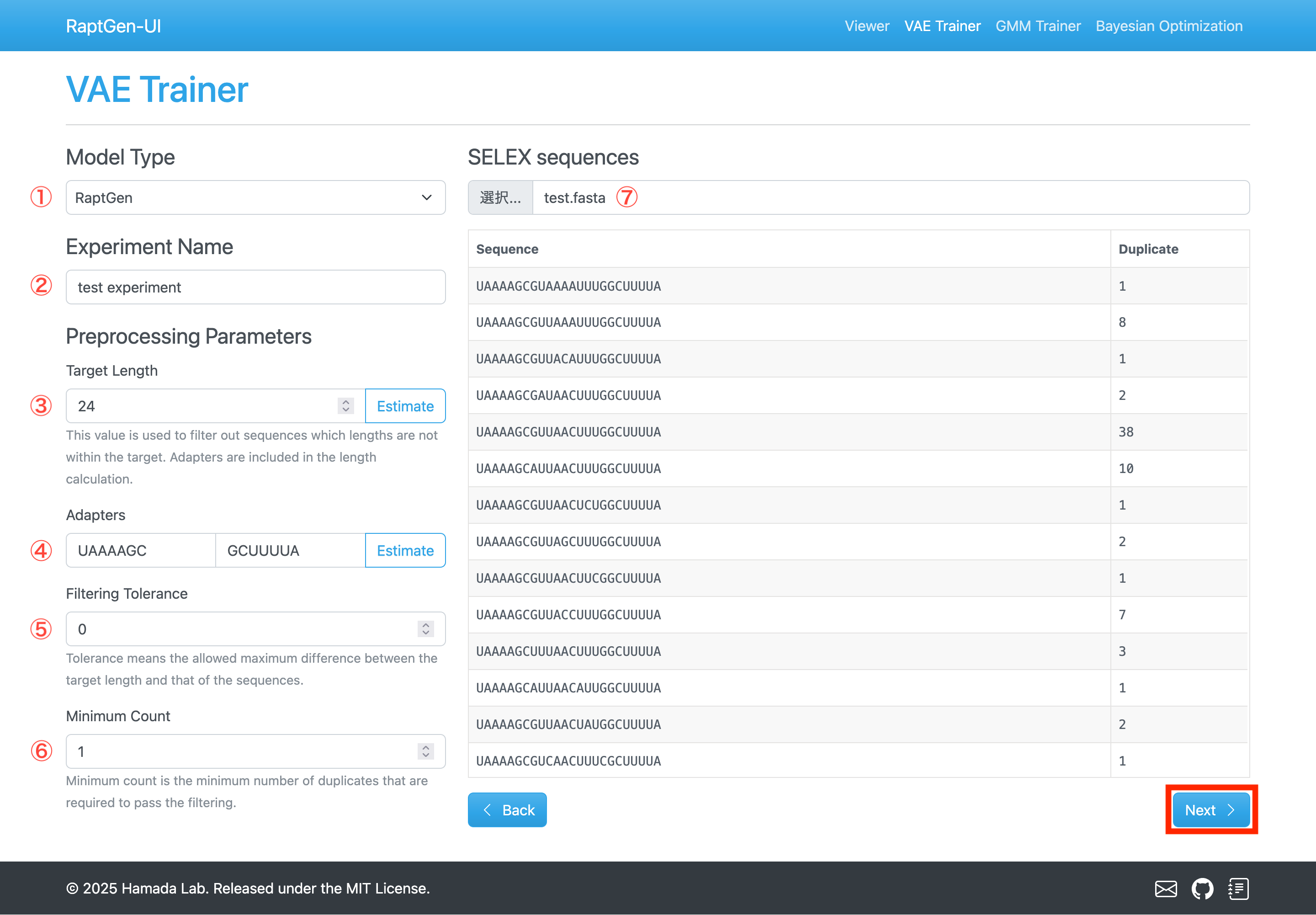 Configuration page for preprocessing parameters