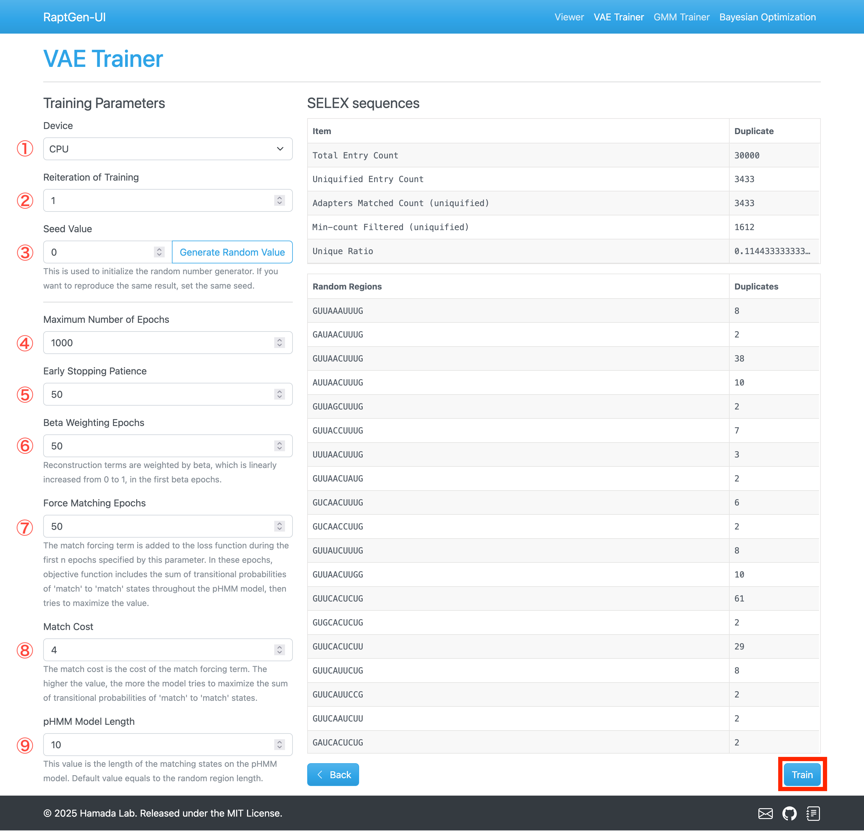 Configuration page for training parameters